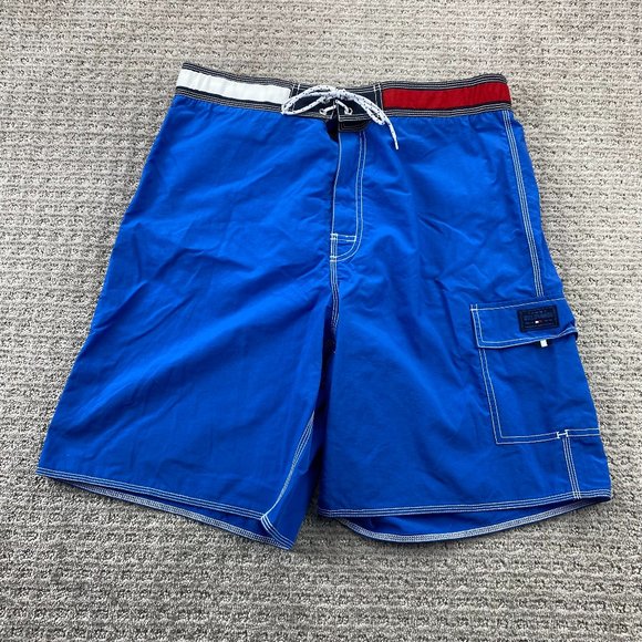 Tommy Hilfiger Swim Trunks Men Large L Blue Board Shorts Swimming Surf Y2K 2000s - Picture 1 of 15